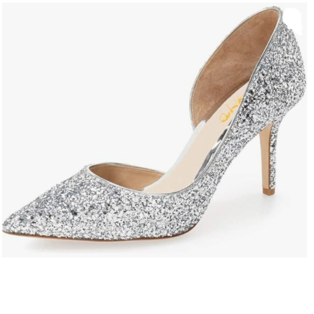XYD Silver Glitter D'Orsay Low Heels Comfort Slip-on Pointed Toe Sexy Pumps Shoe
